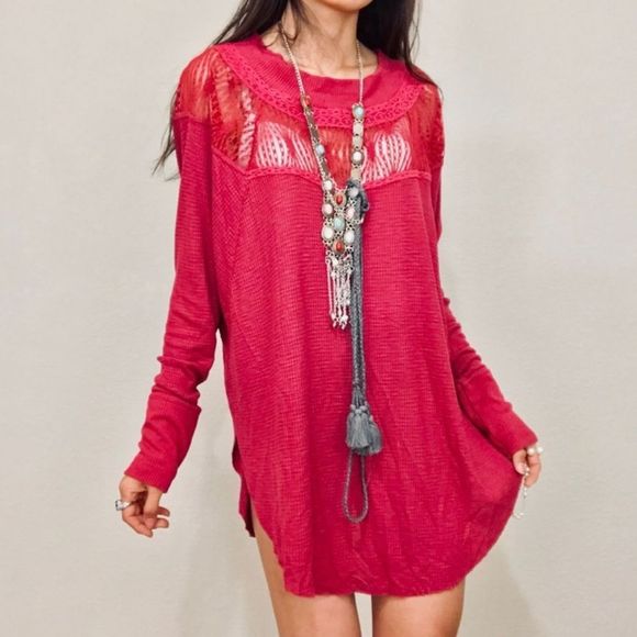 Free People Red Lacey Mock Neck Tunic - Picture 3 of 7